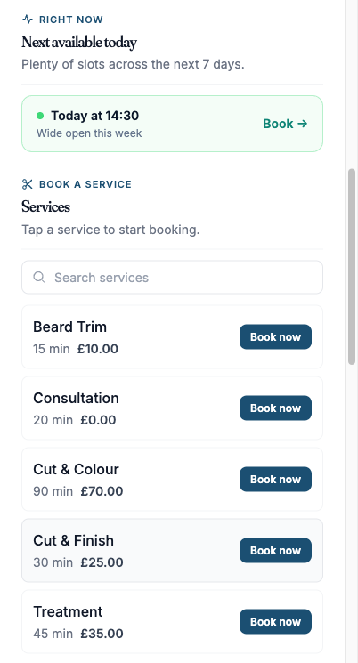 Booking page
